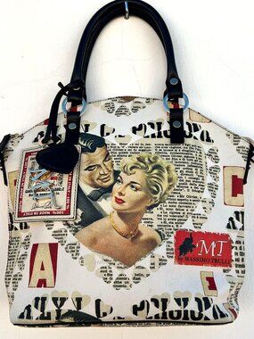 MASSIMO TRULLI Pop Art Newspaper Print Leather Dome Satchel Bag Hollywood Italy